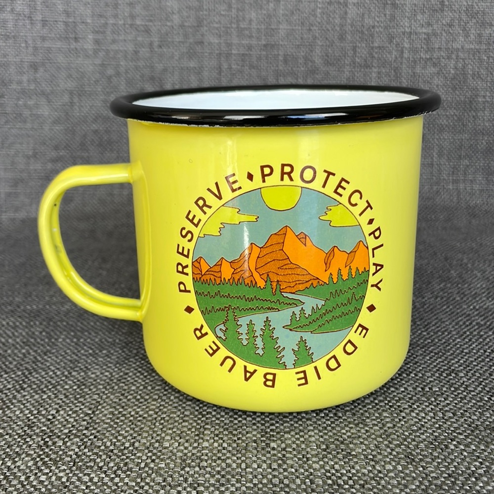 NWT Eddie Bauer Enamel Coated Mug Yellow 24 oz Preserve Protect Play Sustainable